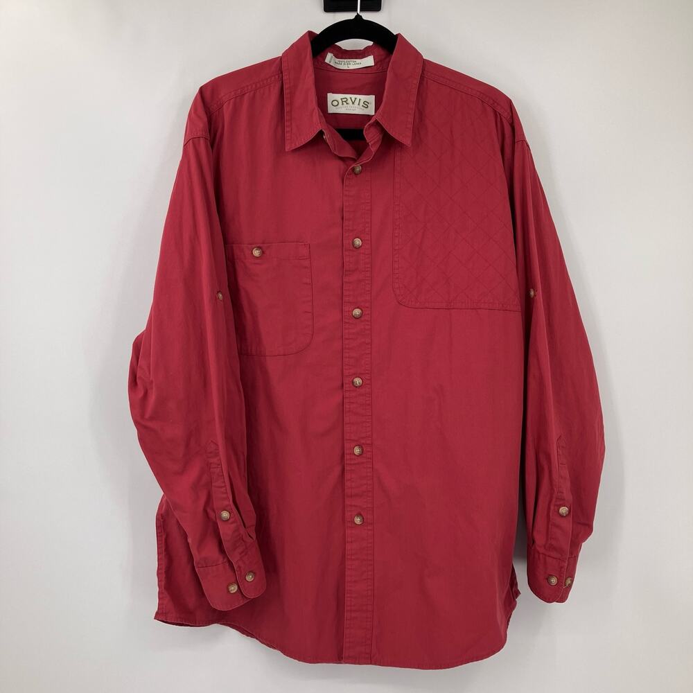 Orvis Red Roll Tab Long Sleeve Button Down Quilted Shoulder Shooting Shirt Top